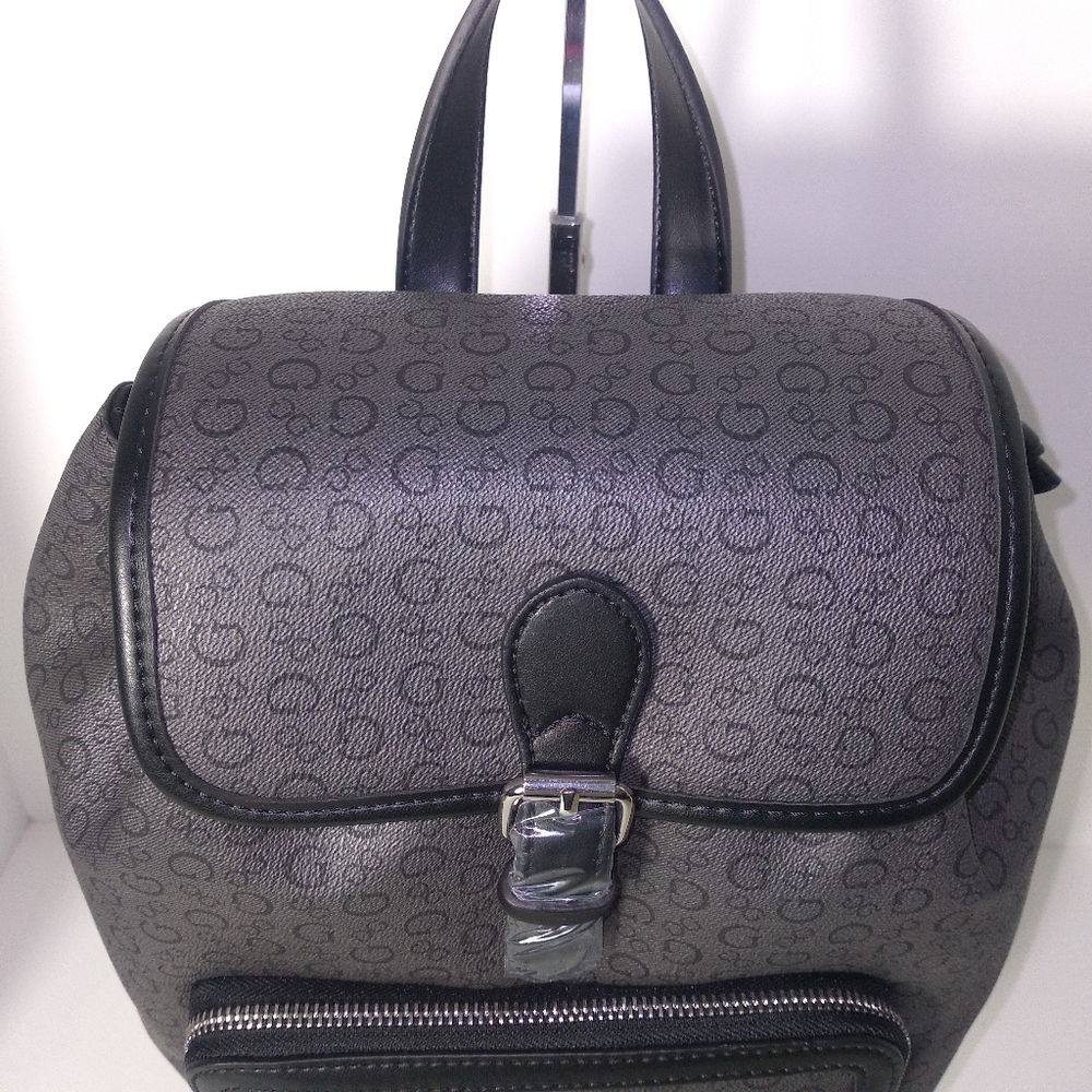 GUESS Black & Grey Monogram Faux Leather Backpack - Picture 2 of 14